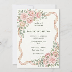 Convite Casamento com Fita de Rosa Rosa Bege