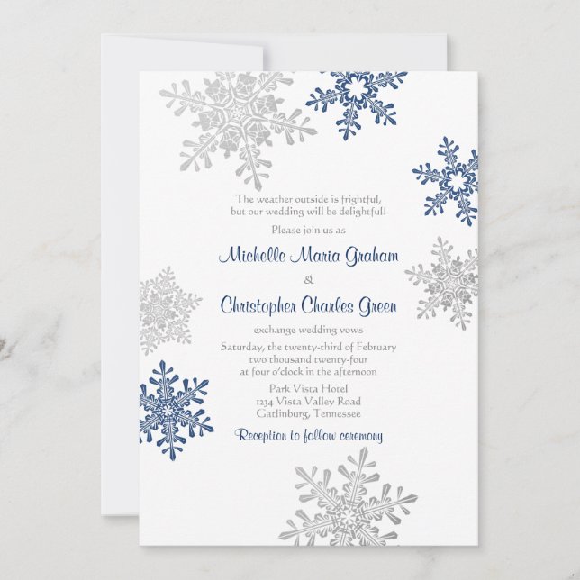 Convite Casamento com Floco de Neve de Inverno Azul Marinh (Frente)