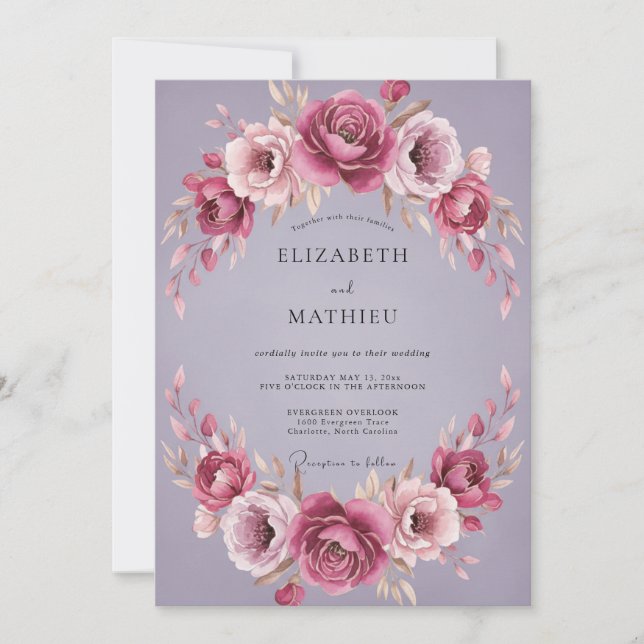 Convite Casamento com Flor de Âmbar Amethista Empoeirada (Frente)