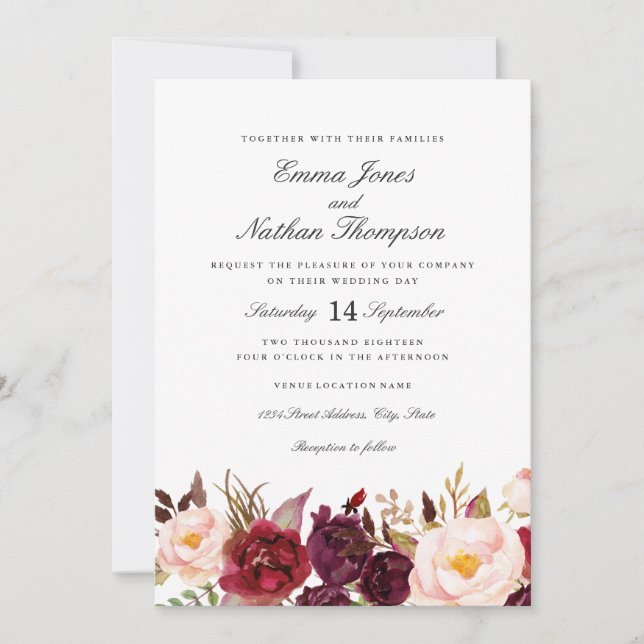 Convite Casamento com Flor de Aquarela Bege Borgonha (Frente)
