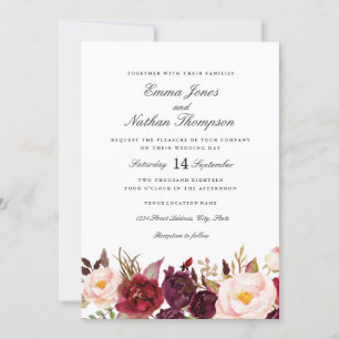 Convite Casamento com Flor de Aquarela Bege Borgonha