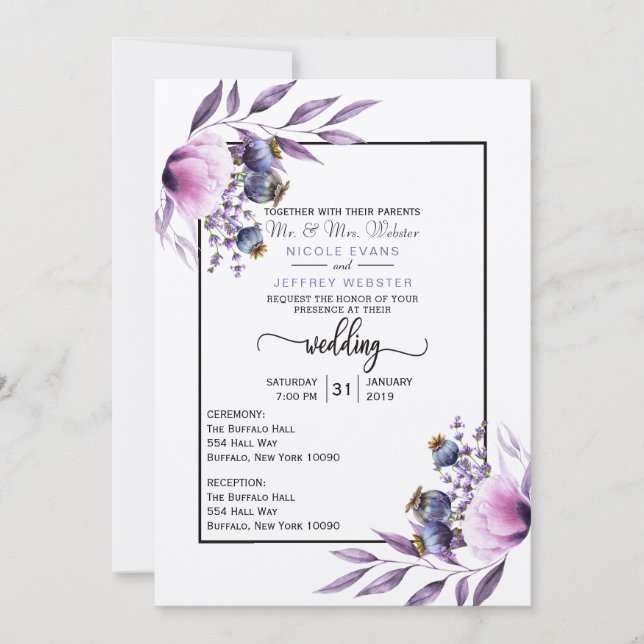 Convite Casamento com Flor de Aquarela com Lavanda Violeta (Frente)