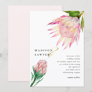 Convite Casamento com Flor de Aquarela Rosa-Protea Rei