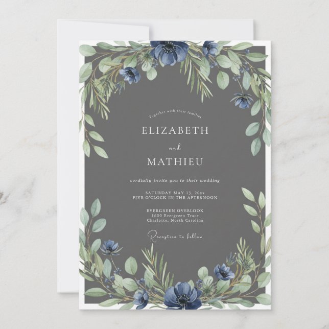 Convite Casamento com Flor de Ardósia de Aço (Frente)