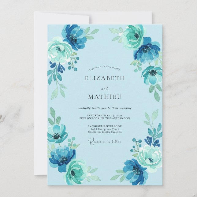 Convite Casamento com Flor de Azul Celeste (Frente)