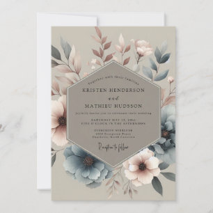 Convite Casamento com Flor de Azul Desbotado