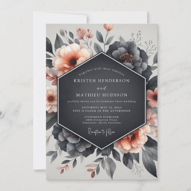 Convite Casamento com Flor de Azul Empoeirado (Frente)
