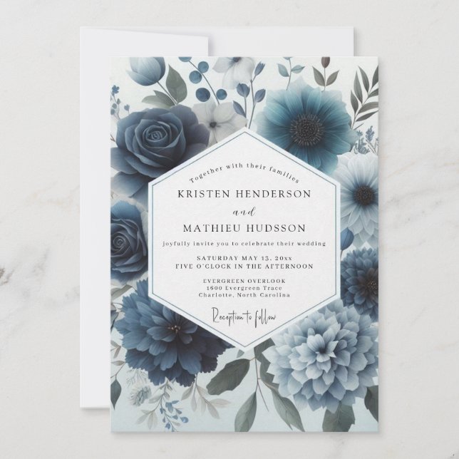 Convite Casamento com Flor de Azul Poético e Sombrio (Frente)