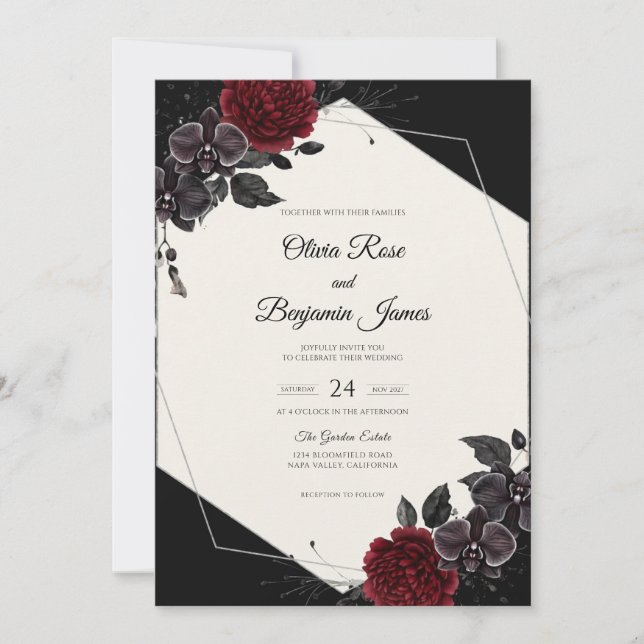 Convite Casamento com Flor de Bloom Carmesim Preto (Frente)