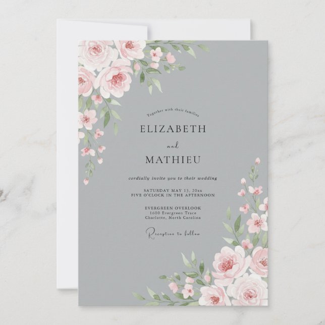 Convite Casamento com Flor de Blossom Prata Ardósia (Frente)