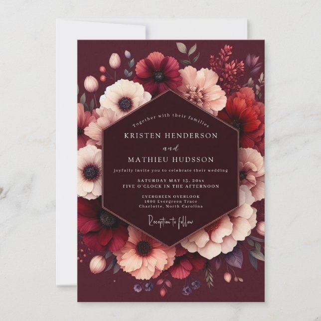 Convite Casamento com Flor de Borgoña Dourada (Frente)