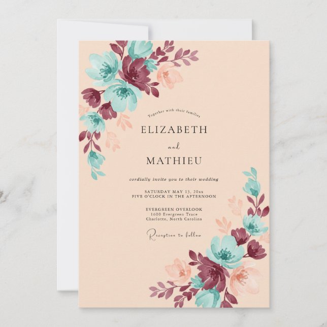 Convite Casamento com Flor de Camomila em Champanhe Teal (Frente)