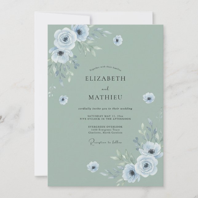 Convite Casamento com Flor de Celadão Empoeirado (Frente)