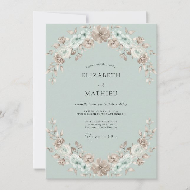 Convite Casamento com Flor de Celadon Pálido (Frente)