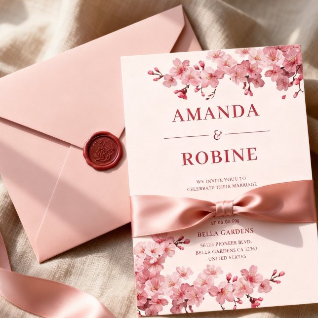 Convite Casamento com Flor de Cerejeira Rosa (Criador carregado)