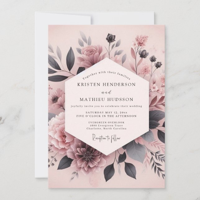Convite Casamento com Flor de Cinza Rosa Pó (Frente)