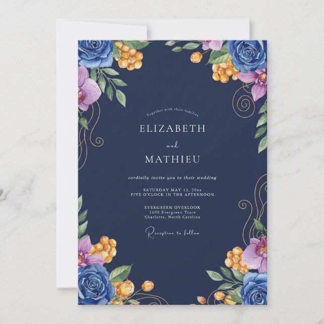 Convite Casamento com Flor de Cobalto Marinho (Frente)