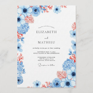Convite Casamento com Flor de Coral Azul Empoeirado