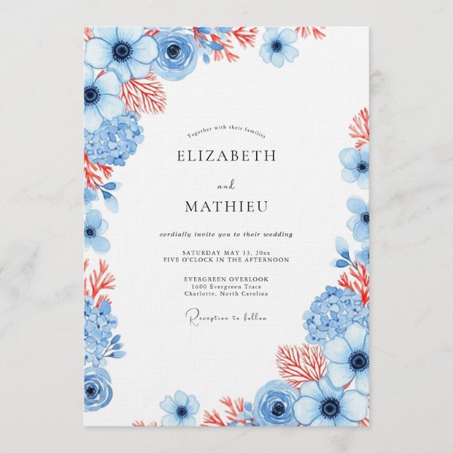 Convite Casamento com Flor de Coral Azul Empoeirado (Frente)