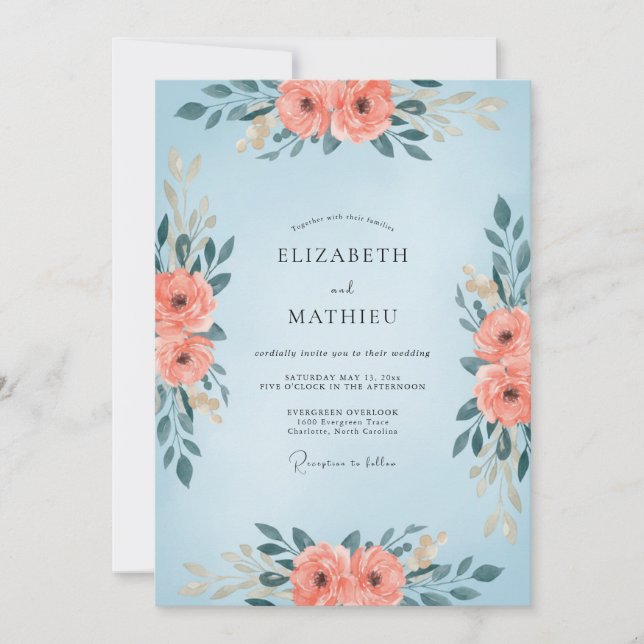 Convite Casamento com Flor de Coral Azul Pó (Frente)
