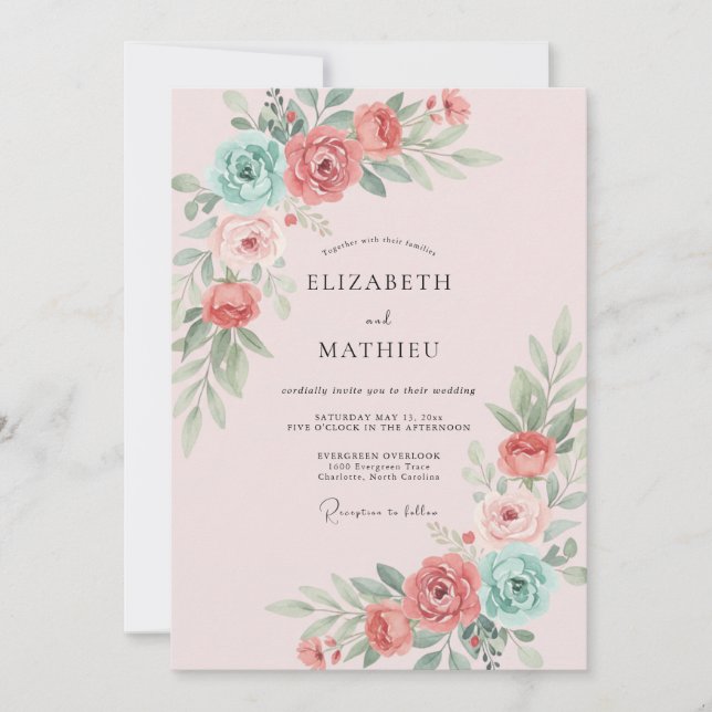 Convite Casamento com Flor de Coral em Água Polvilhada (Frente)