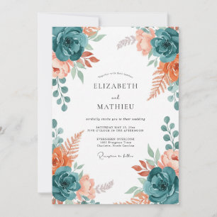 Convite Casamento com Flor de Coral em Poeira Teal