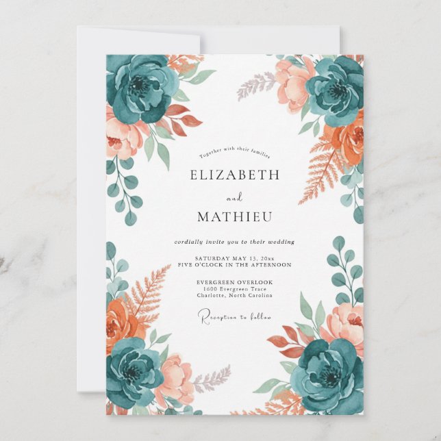 Convite Casamento com Flor de Coral em Poeira Teal (Frente)
