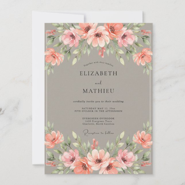 Convite Casamento com Flor de Coral Taupe (Frente)