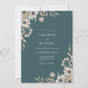 Convite Casamento com Flor de Creme Pálido Ardósia