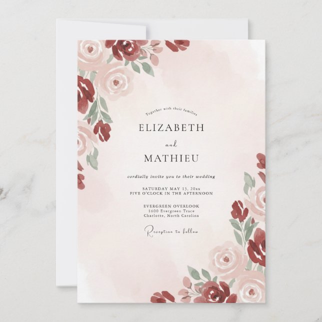 Convite Casamento com Flor de Crimson Blush (Frente)
