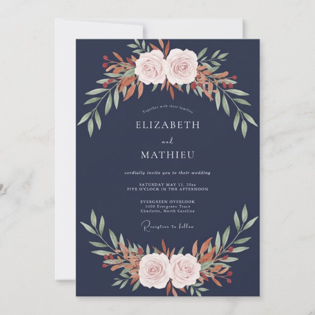 Convite Casamento com Flor de Ferrugem Azul Marinho (Frente)