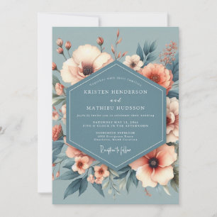 Convite Casamento com Flor de Herança Azul Empoeirada