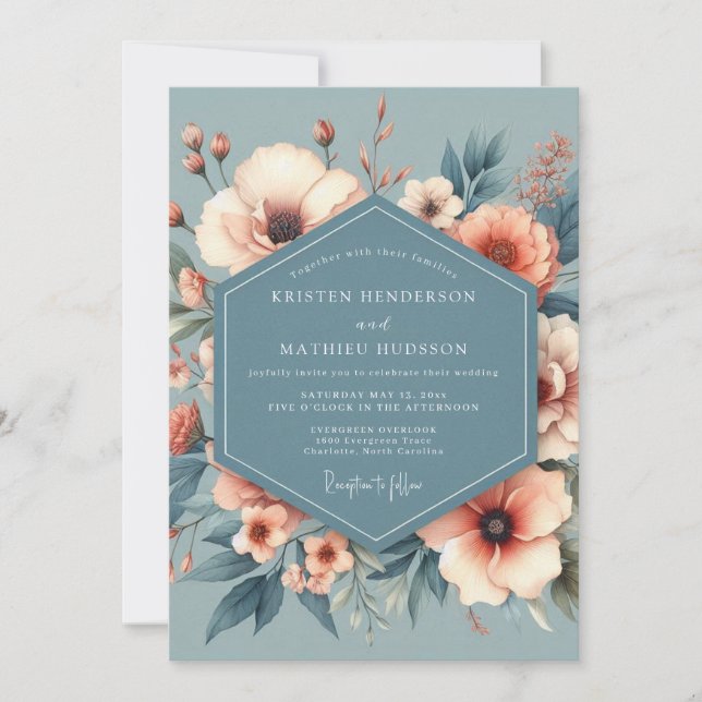 Convite Casamento com Flor de Herança Azul Empoeirada (Frente)
