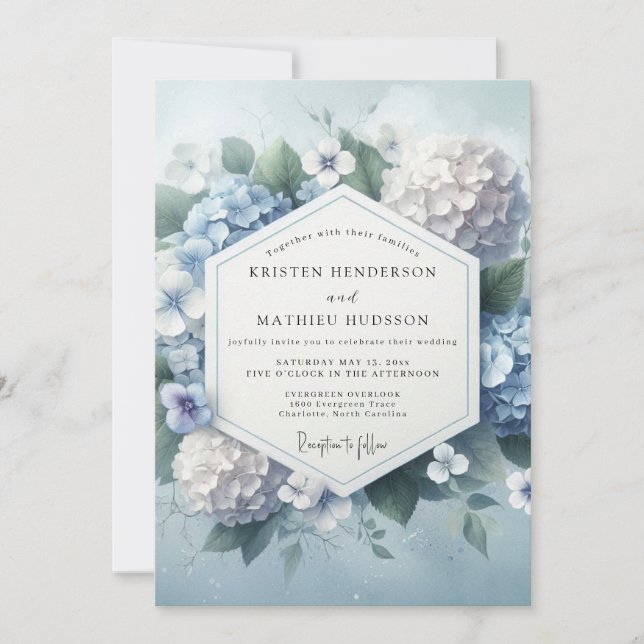 Convite Casamento com Flor de Hortênsia Azul Empoeirada (Frente)