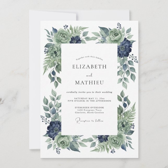 Convite Casamento com Flor de Índigo Aço (Frente)