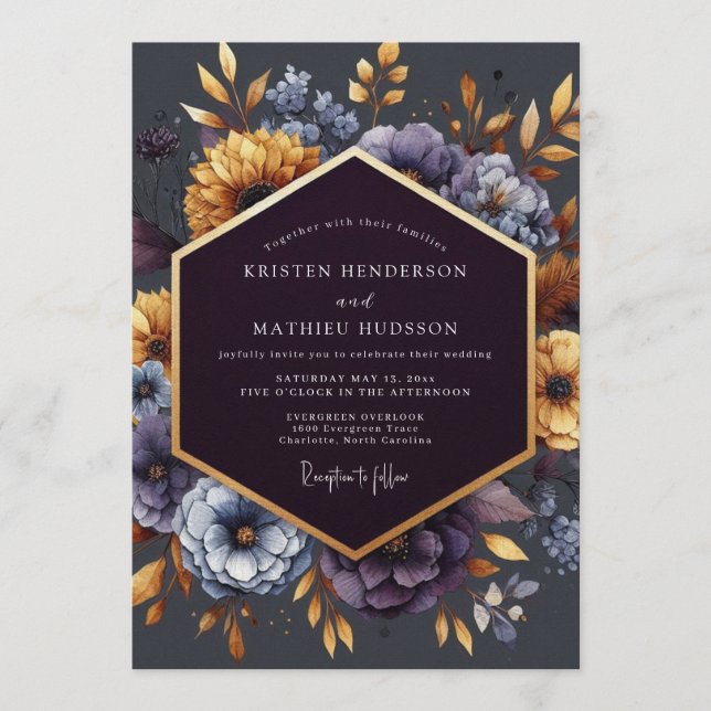 Convite Casamento com Flor de Índigo Dourado (Frente)