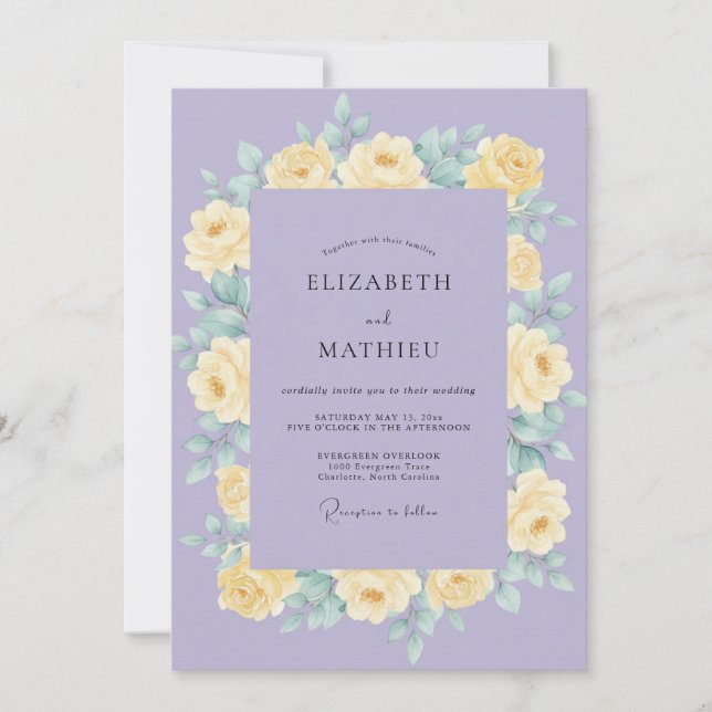 Convite Casamento com Flor de Lilás Amarela (Frente)