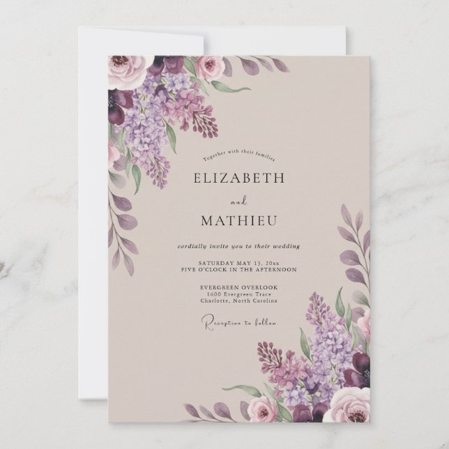 Convite Casamento com Flor de Lilás Desbotado (Frente)