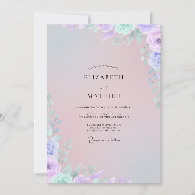 Convite Casamento com Flor de Lilás Desbotado em Aquarela (Frente)