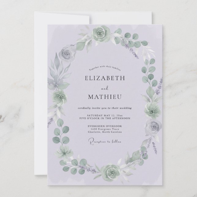 Convite Casamento com Flor de Lilás Pálido e Empoeirado (Frente)
