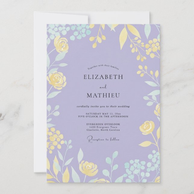 Convite Casamento com Flor de Lilás Suave Amarelo (Frente)