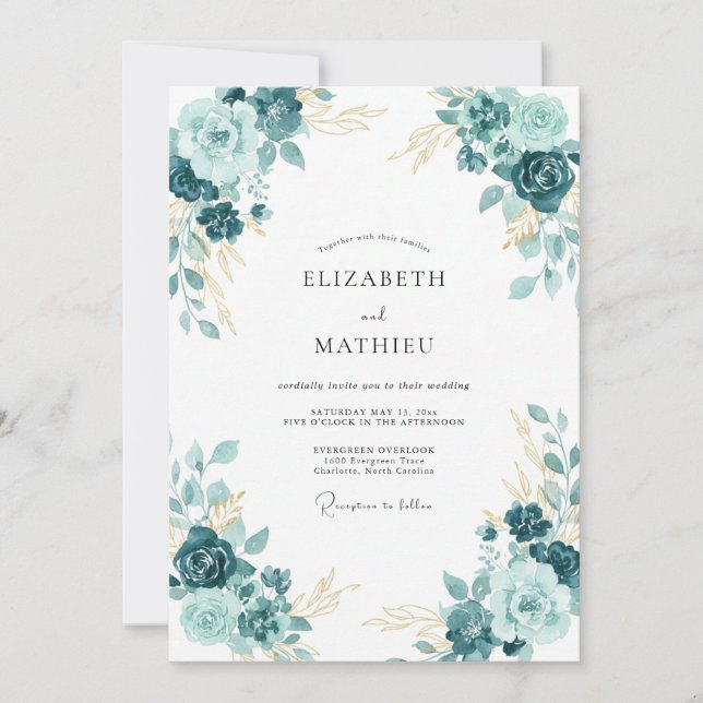 Convite Casamento com Flor de Luxo Turquesa (Frente)