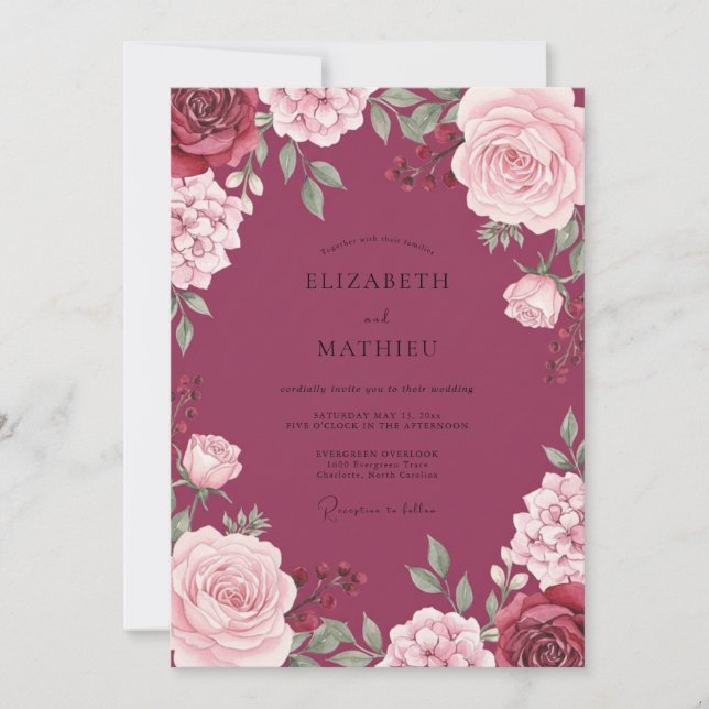 Convite Casamento com Flor de Magenta Profundo (Frente)