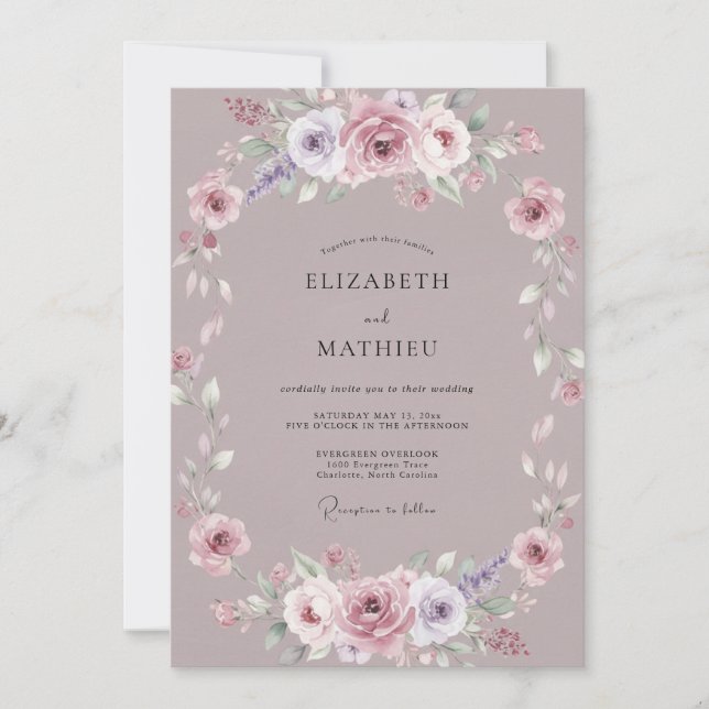 Convite Casamento com Flor de Malva Empoeirada (Frente)