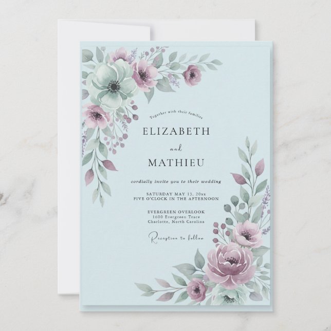 Convite Casamento com Flor de Mauve em Pó (Frente)