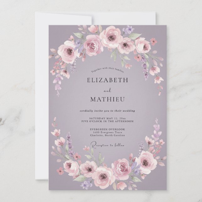 Convite Casamento com Flor de Mauve Empoeirado (Frente)