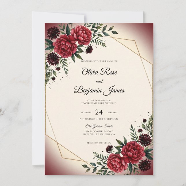 Convite Casamento com Flor de Ouro Carmesim (Frente)