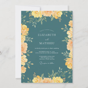 Convite Casamento com Flor de Ouro Verde-azulado Suave