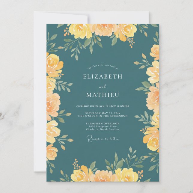 Convite Casamento com Flor de Ouro Verde-azulado Suave (Frente)