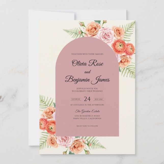 Convite Casamento com Flor de Pêssego Malva (Frente)